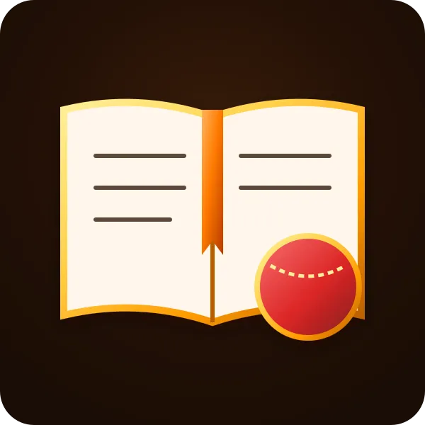 Open hardcover guide book with stitched cricket ball and metallic gold bookmark for 40-term glossary