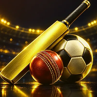 Gold and orange cricket bat, leather ball and stumps icon for cricket betting ID markets