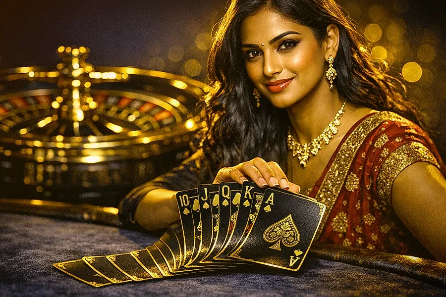 Indian live casino dealer fanning golden playing cards under warm gold and amber lighting