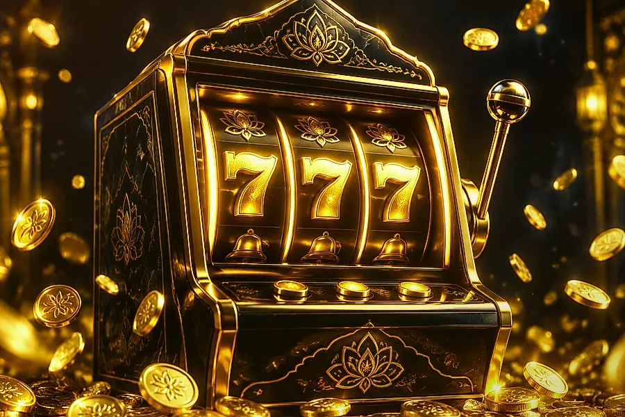 Glowing 777 slot machine cabinet with cascading gold coins on dark espresso brown backdrop