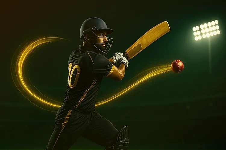 Indian batsman celebrating a six under warm orange stadium floodlights