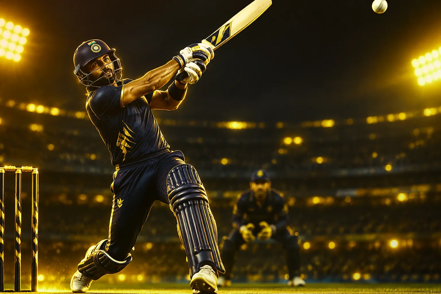 Indian batsman playing lofted shot in orange floodlit stadium for cricket betting ID guide