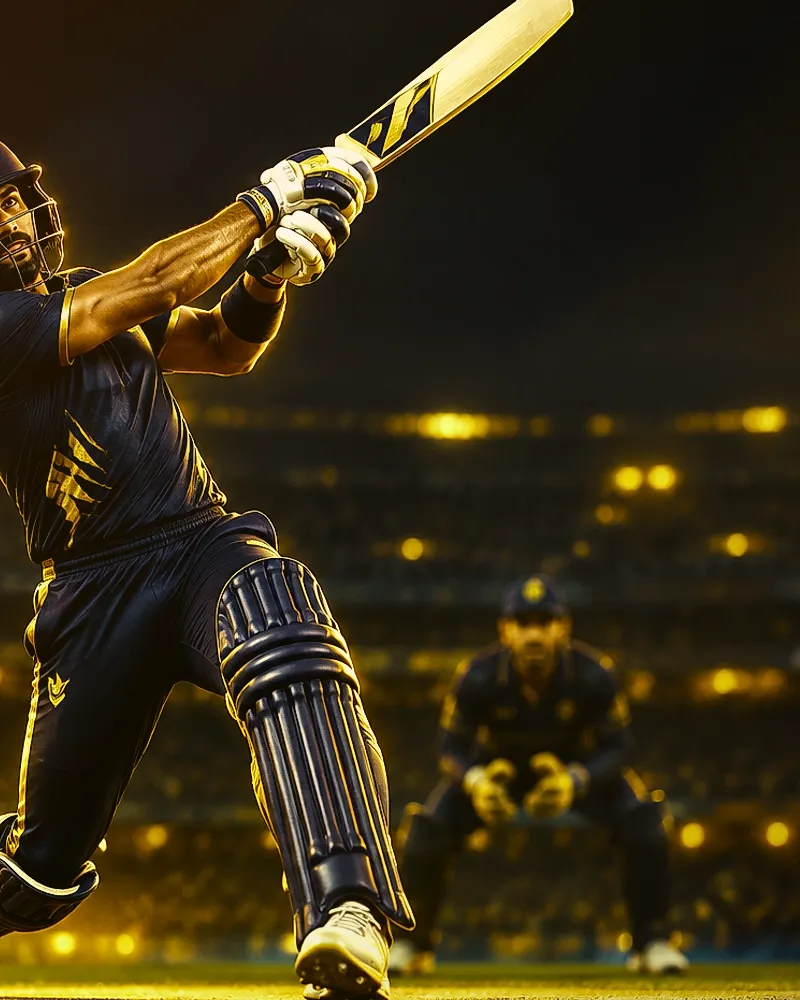 Vertical mobile view of Indian batsman lofted shot under warm orange floodlights for cricket betting ID