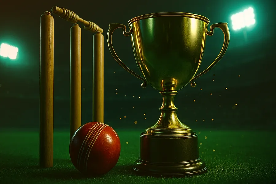Night cricket stadium floodlights, turf pitch and wicketkeeper for live cricket betting ID guide