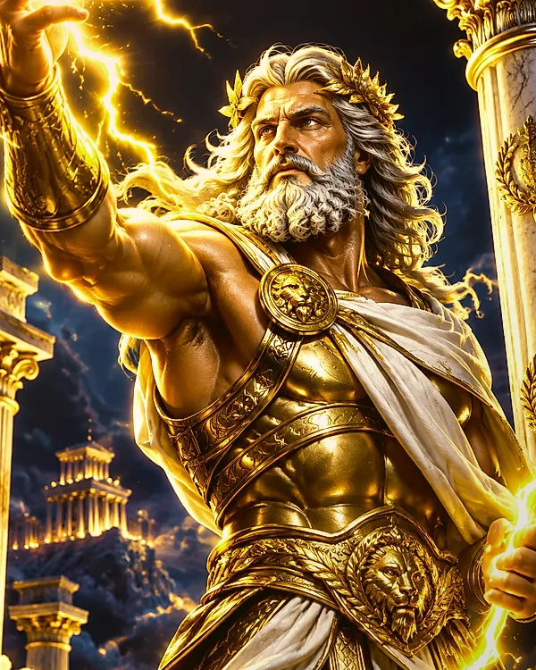 Greek god Zeus summoning golden lightning in slot game on cricket betting ID