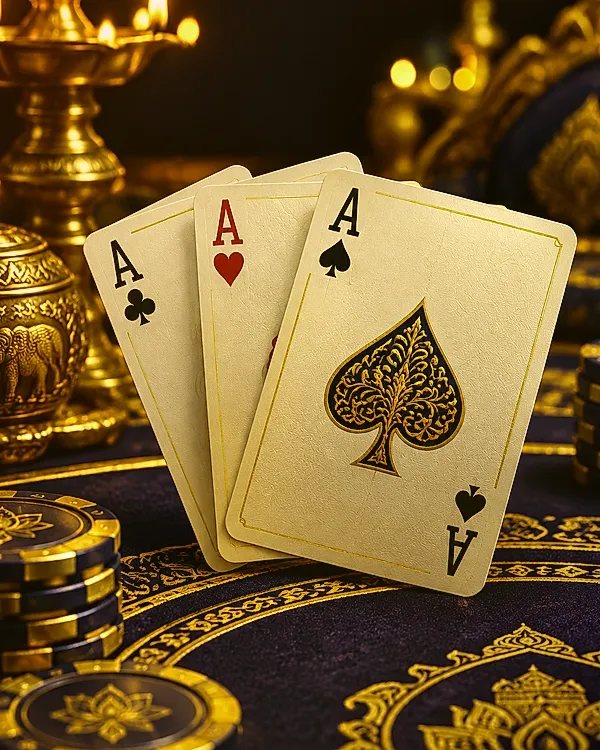 Indian Teen Patti live card table with three aces and brass diya bokeh
