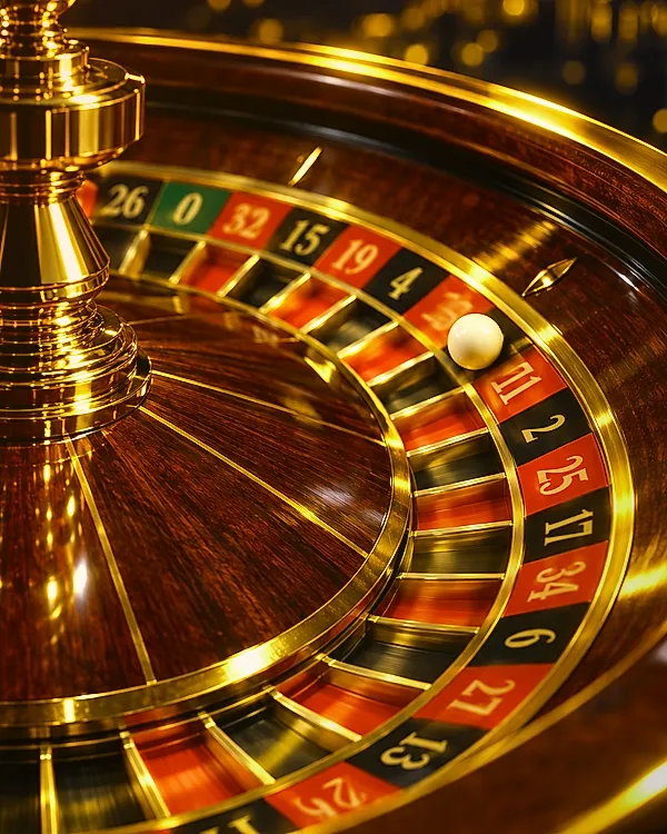 Live roulette wheel spinning with ivory ball under warm golden studio light