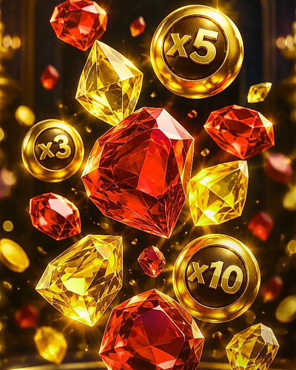Candy slot game tile with sparkling crystal gems and golden 100x multiplier bombs