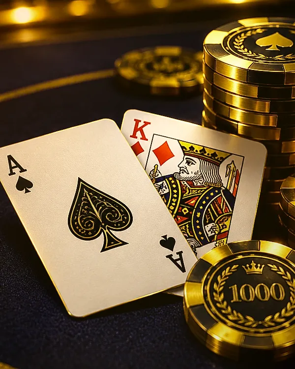 Live VIP Blackjack table showing Ace of Spades and King of Hearts with gold chips